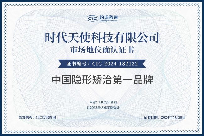 时代天使获cic灼识咨询“中国隐形矫治第一品牌”市场地位认证
